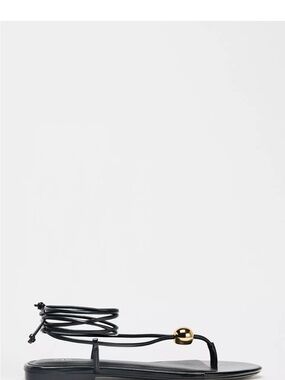 Zara Black Lace-Up Toe-Ring Sandal with Gold Bead